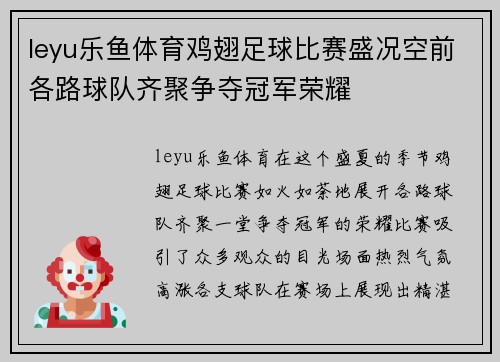 leyu乐鱼体育鸡翅足球比赛盛况空前各路球队齐聚争夺冠军荣耀